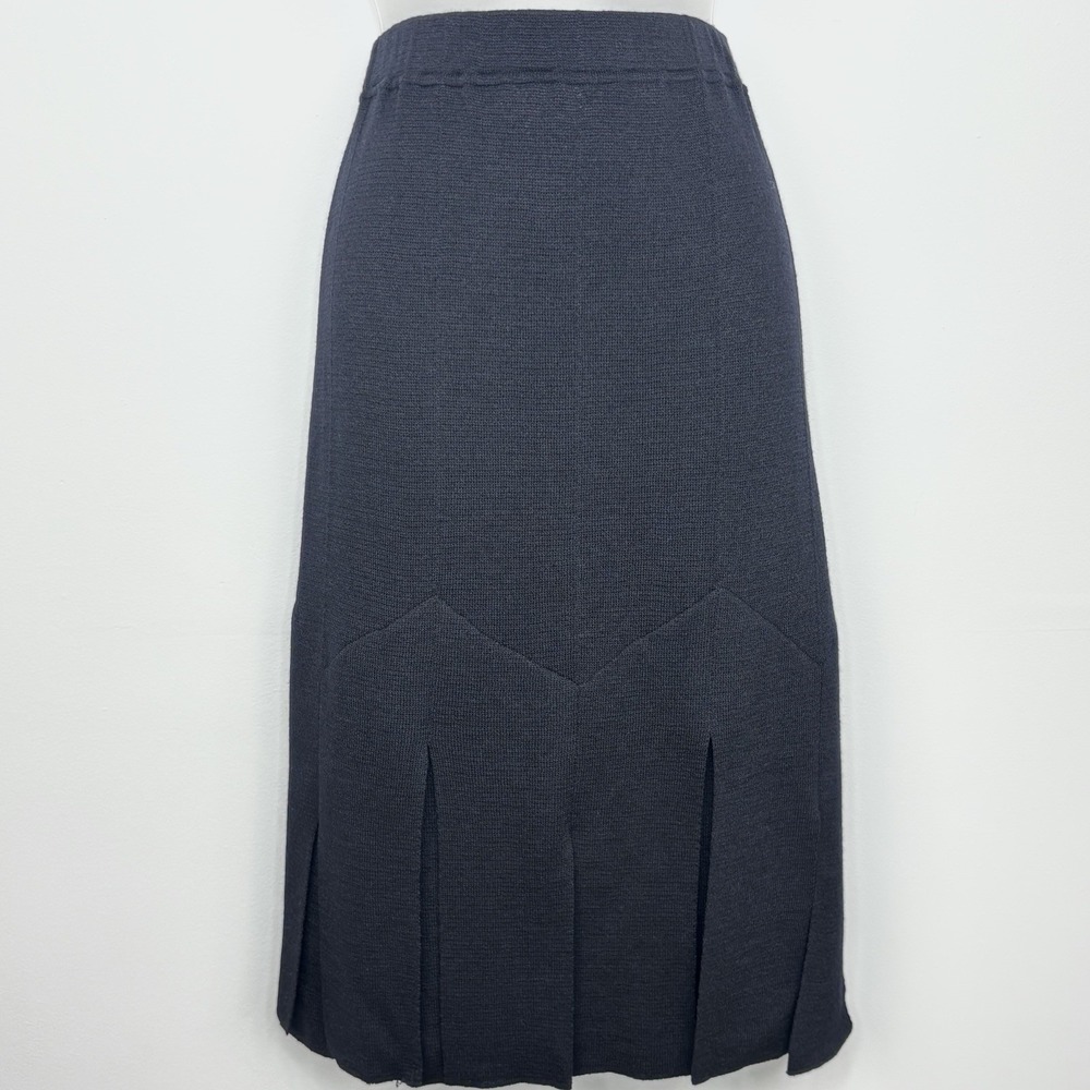 Vintage St John Skirt 8 Black Knit Midi Wool Blend Tiered Pleated A-Line Luxury